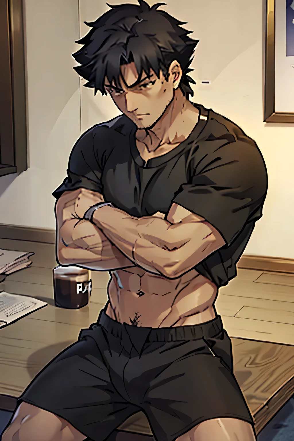 Kiritsugu Emiya is sitting and flexing his biceps. He wears a black tshirt with short sleeves and black boxershorts. His arms have many huge veins. His tshirt is rolled up and you can see his abs. The focus lays on his thighs and abs.