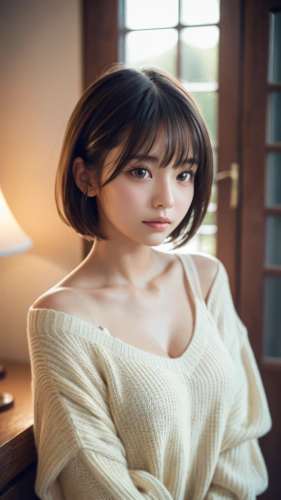 Tabletop, highest quality, 8k, 20th Generation, Big ample breasts, cute, alone, sad, cute, Girlish, Delicate girl, Pure beauty, RAW Photos, Professional photography, Portraiture, Soft Light, Professional Lighting, Backlight, Upper Body, avert your eyes, Sophisticated, Film Grain, (Eyes and facial details:1.0), Short floating hair, Beautiful, flowing hair, bangs, sweater,valley、(valley)