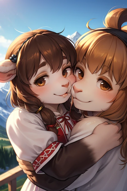 rear Bokeh , (closeup face) , 2 hairy goat girls , realistic hairy fur , round face , Swollen cheeks , smile , Hair ties , (Swiss traditional costume) , in the Mountains in Alm , front view , back shot , side view , Dutch angle , (Hug)  , Licking the nose