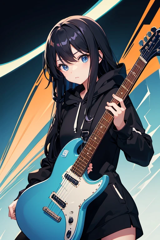 background through, long hair、straight hair、black hair girl, blue eyes、Super high quality, 8K、Upper body、Blue background、Lead guitar、black hoodie、Blue Electric Guitar