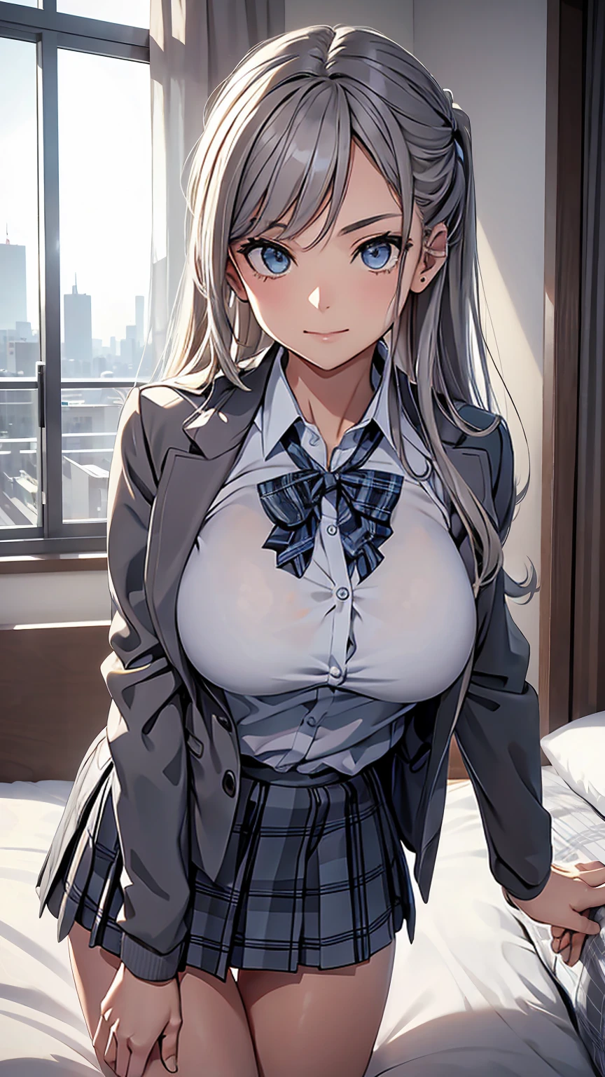 ((best quality)), ((masterpiece)), (detailed), perfect face, perfect body, 1girl, gray medium hair, cyan eyes, ((school girl uniform)), black and gray plaid skirt, white shirts, gray jacket, show up her boobies and Nipples, show up her pussy and ana, Seeing the girl front body, the girl lying on the bed of bedroom hotel, windows from hotel bedroom showing the city night in background
