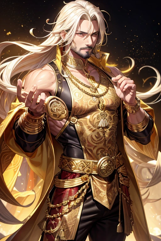 Sultan, male 40 years old, messy blonde hair with gold decorations, gold eyes, yellow Arabic clothing, dark gold vest with golden cloud print, silver belt, dark gold pants, golden cloud pendant with Arabic symbol with amber gems, gold rings on both hands, strong muscular build, palace background