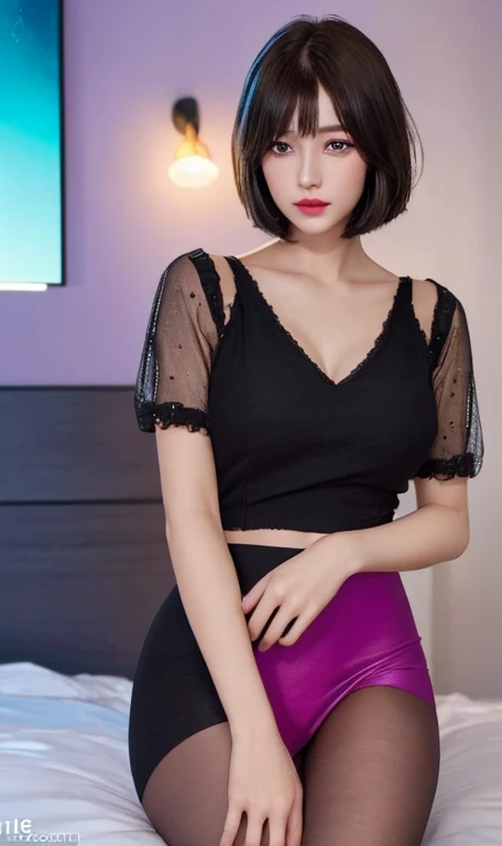 Ultra realistic ((Top Quality、16K、​masterpiece:1.3))、a tall and beautiful woman、Perfect Figure:1.4、retro futuristic aesthetic, young woman (charming) solo, pale-brown bob hair, (short hairstyle) with hair bangs, realistic eyes, pale-white skin (highlighted, realistic shading)、huge bust、Highly detailed facial and skin texture、(A detailed eye, Symmetry Eyes, Clear realistic eyes, Double eyelidd、Cold-stricken face、Symmetrical face), very  realistic skin, goth makeup, Royal sisters full of fans、The Telegraph Esbian、peach buttocks, white women's shirt, alternative skirt, black tights,  squart、(Raw foto:1.2)、((Photorealcitic:1.4))Top Quality、​masterpiece、Real Photography、very delicate and beautiful.、super detailed CG、Unity、8K photo wallpaper、delicate detail、best qualtiy、Highly detailed CG unity 16k wallpaper、absurderes、Incredibly Absurd、huge file size、extremely highly detailed、Hight Resolution、ighly Details、Beautiful detail girl、extremely beautiful eyes and face, cute eyes look、Facial light、cinematic lightings、(Proportional hips, thick thighs, beautiful legs, realistic pantyhose) 1girll、see -through, inside a futuristic bedroom, neon soft lights in the dark room environment (soft magenta, cyan and pale-yellow ambient lights) , dream atmosphere、ulzzang-6500、The Telegraph Esbian, different poses at different angles,