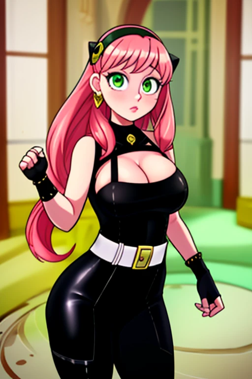 1girl, solo, masterpiece, best quality, Anya Forger, Yor Forger, pink hair, green eyes, silver earrings, looking at viewer, long hair with long locks, sidelocks, hair ornament, silver hairband, medium breasts, (thick thighs:0.8), tight black bodysuit, cleavage, busty, black belt, black fingerless gloves, black thigh boots, standing, (Best Quality, Amazing Detail:1.25),