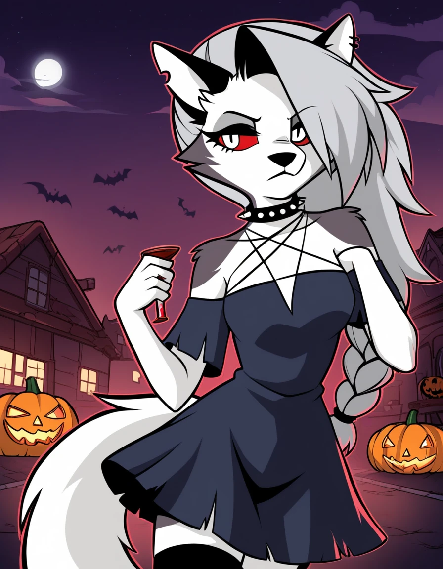 safe content, by vivzmind, mammal, canid, canid demon, demon, canine, monster, anthro, female, fur, solo, hair, white body, white fur, helluva boss, holidays, hellhound, loona, red sclera, dress, white eyes, braided hair, halloween, blood, official art, blood from eye