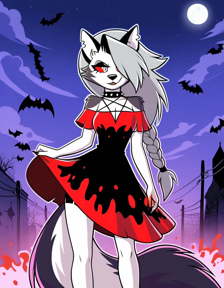 safe content, by vivzmind, mammal, canid, canid demon, demon, canine, monster, anthro, female, fur, solo, hair, white body, white fur, helluva boss, holidays, hellhound, loona, red sclera, dress, white eyes, braided hair, halloween, blood, official art, blood from eye