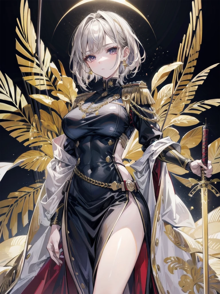 Military Dress, golden accessories, Grand Katana Sword, absurdres, RAW photo, extremely delicate and beautiful, masterpiece, Best Quality, ultra high resolution, 32k, hyperrealistic, ultra-detailed, detailed description, pale skin, 20 years old, tearful mole, earring, Colossal tits, short medium hair, wavy hair, whole body shot,