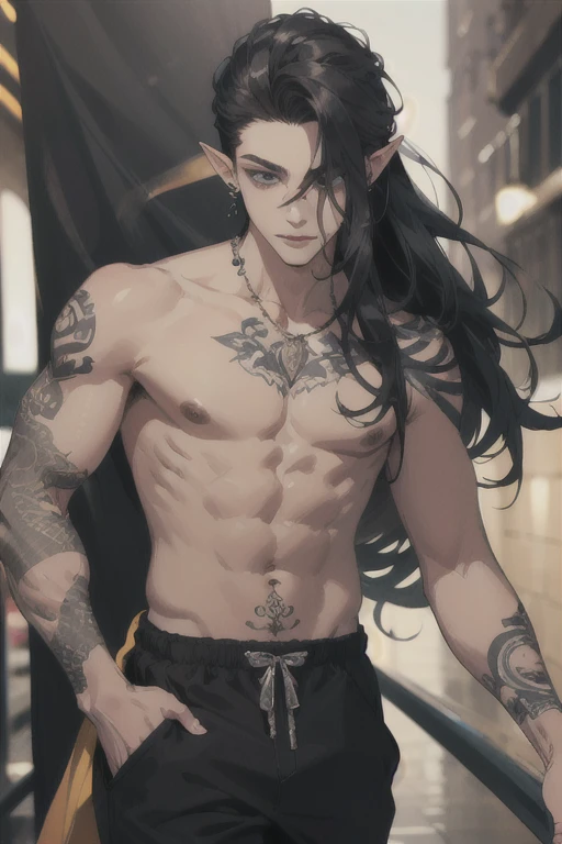 ((best quality)), ((masterpiece)), (detailed), perfect face, black hair, long hair, man, male, tattoos, piercings, slim, elf, dancer