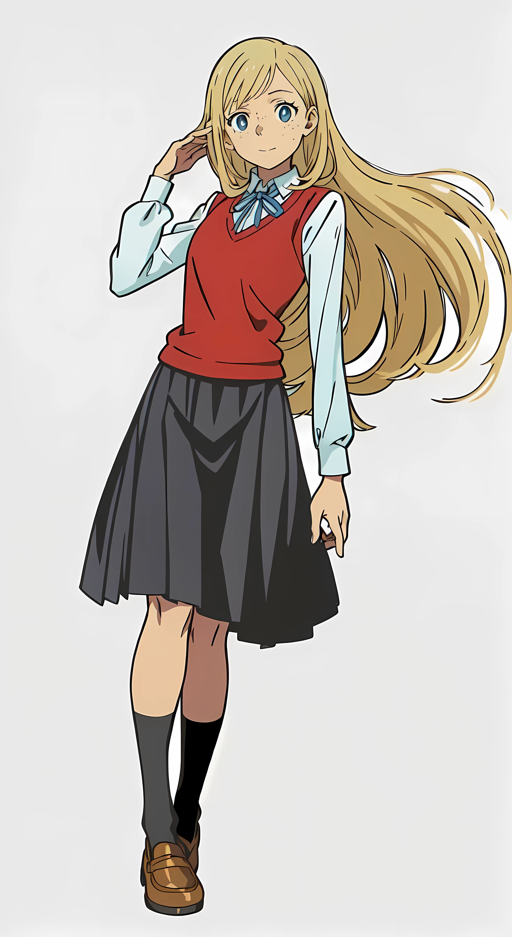 (best quality:1.0), (masterpiece:1.0), (super fine illustration:1.0), (beautiful artwork:1.0), (anime screencap:1.0), (official art:1.0), (european:1.0), (cheerful:1.0), (white background:1.0), (best quality:1.0), (masterpiece:1.0), (super fine illustration:1.0), (beautiful artwork:1.0), (anime screencap:1.0), (official art:1.0), (solo:1.0), (european:1.0), (a 18yo cute girl:1.0), (long skirt:1.0), (black skirt:1.0), (pleated skirt:1.0), (red knit vest:1.0), (white long sleeve collared shirt:1.0), (blue neck ribbon:1.0), (loafers:1.0), (black socks:1.0), (ideal ratio body proportions:1.0), (lanky:1.0), (tall:1.0), (slender:1.0), (small breasts:1.0), (smaller face:1.0), (tareme:1.0), (freckles:1.0), (detailed beautiful eyes:1.0), (detailed beautiful face:1.0), (glowing blue eyes:1.0), (long hair:1.0), (swept bangs:1.0), (blonde hair:1.0), (standing:1.0), (looking at viewer:1.0)