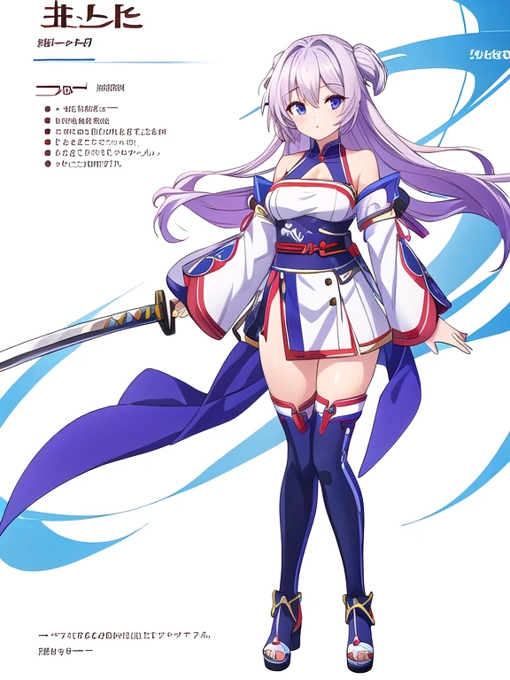 (((Best Quality))) , ((full body)), female, character sheet, solo, (white background), bare shoulders, sleeve, thigh high, katana,
