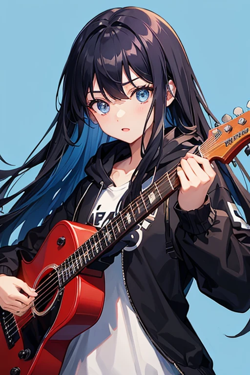 background through, long hair、straight hair、black hair girl, blue eyes、Super high quality, 8K、Upper body、Blue background、Lead guitar、black hoodie、Blue Guitar,Blue Electric Guitar