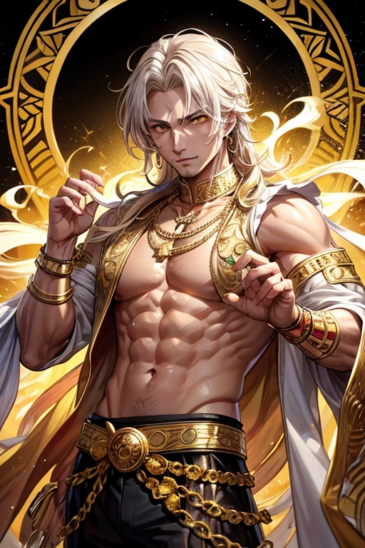masterpiece, highest quality, (solo focus), (perfect face:1.1), (high detail:1.1),intage, novel cover, novel cover, angel, servant, novel, giant, giant fang, royalty.((( Tie your hair))),(((22 year old men))), sweet boy, (((boy with red eyes))), one people, 2 meters tall, has a six-pack, muscular body, pink, honey-colored skin, hairy mites, long hair, silver hair
