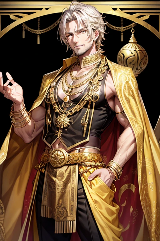 Sultan, male 40 years old, messy blonde hair with gold decorations, gold eyes, yellow Arabic clothing, dark gold vest with golden cloud print, silver belt, dark gold pants, golden cloud pendant with Arabic symbol with amber gems, gold rings on both hands, strong muscular build, palace background