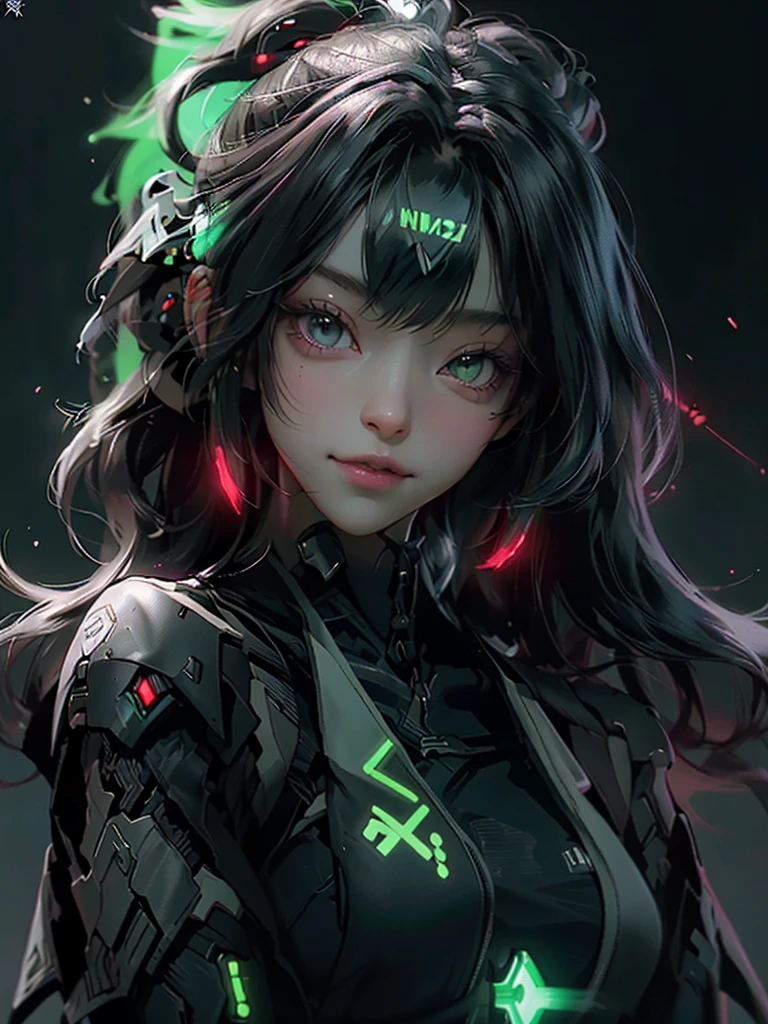 Girl beautiful hair whit e black, soldier futuristic Nijiexpressive_VI, detailed neon dark Whitney, cinza, light from dark fantasy, bichinhos redondos neon green e red sorridentes voadores