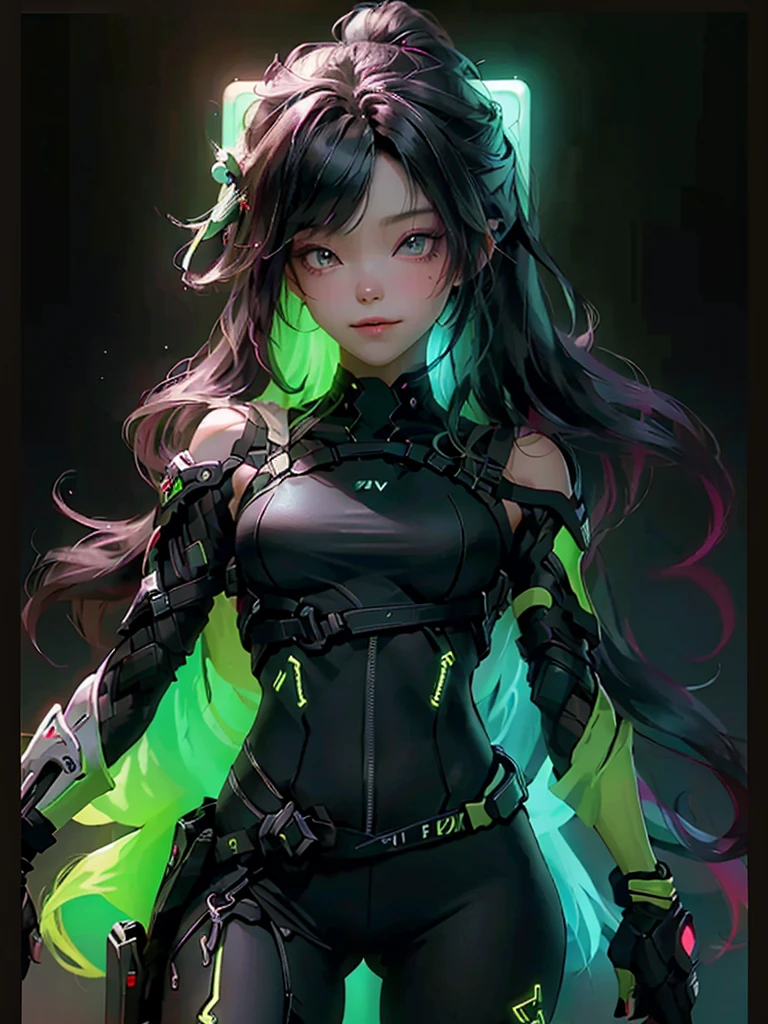 Girl beautiful hair whit e black, soldier futuristic Nijiexpressive_VI,  detailed neon dark Whitney, cinza, light from dark fantasy,  bichinhos redondos neon green e red sorridentes voadores