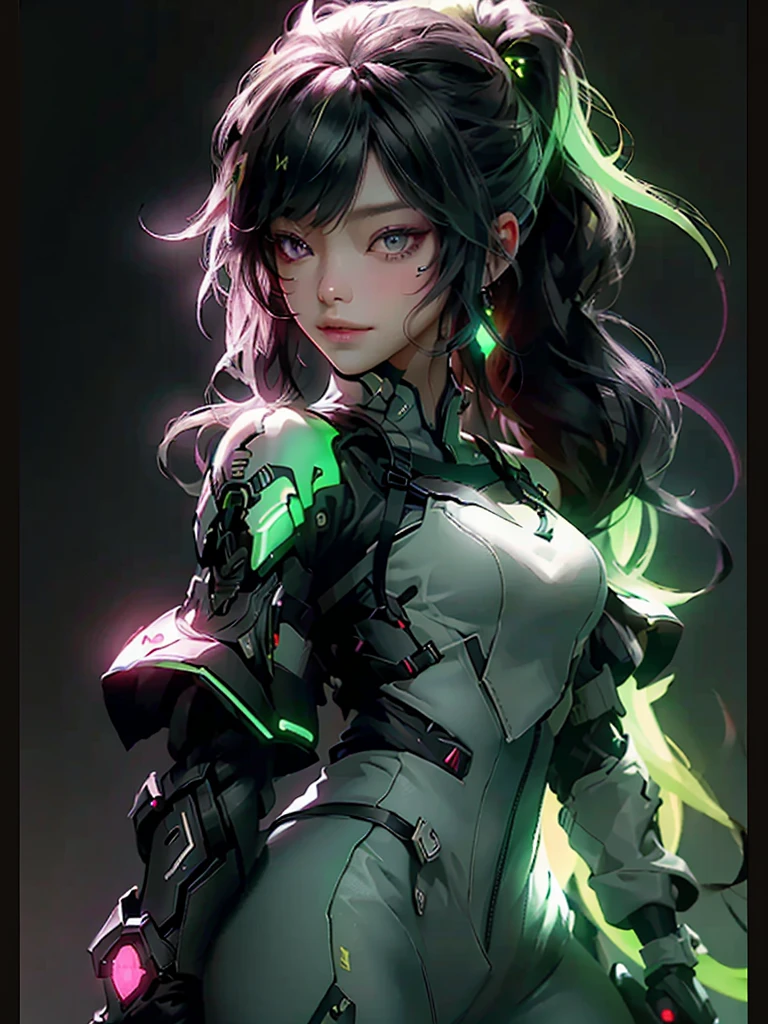 Girl beautiful hair whit e black, soldier futuristic Nijiexpressive_VI, detailed neon dark Whitney, cinza, light from dark fantasy, bichinhos redondos neon green e red sorridentes voadores