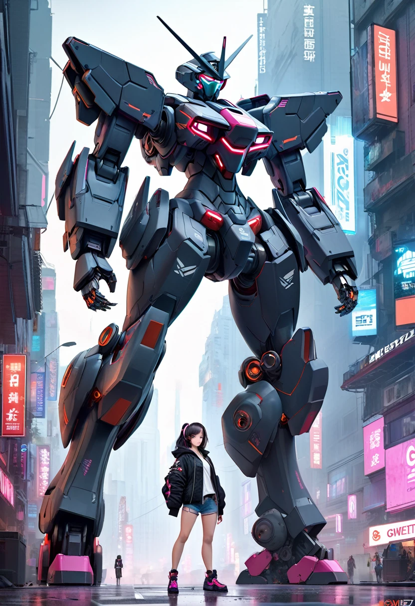 Anime girl in shorts and jacket standing next to a giant robot, artwork in the style of Gweitz, Cyberpunk Anime Girl Mecha, Trending on cgstation, Gweitz, By Russell Dongjun Lu, Digital Cyberpunk Anime Art, Lostrun 8k, Gweitz on artstation pixiv, Girl wearing mecha cyber armor