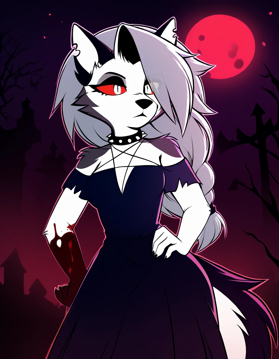 safe content, by vivzmind, mammal, canid, canid demon, demon, canine, monster, anthro, female, fur, solo, hair, white body, white fur, helluva boss, holidays, hellhound, loona, red sclera, dress, white eyes, braided hair, halloween, blood, official art, blood from eye