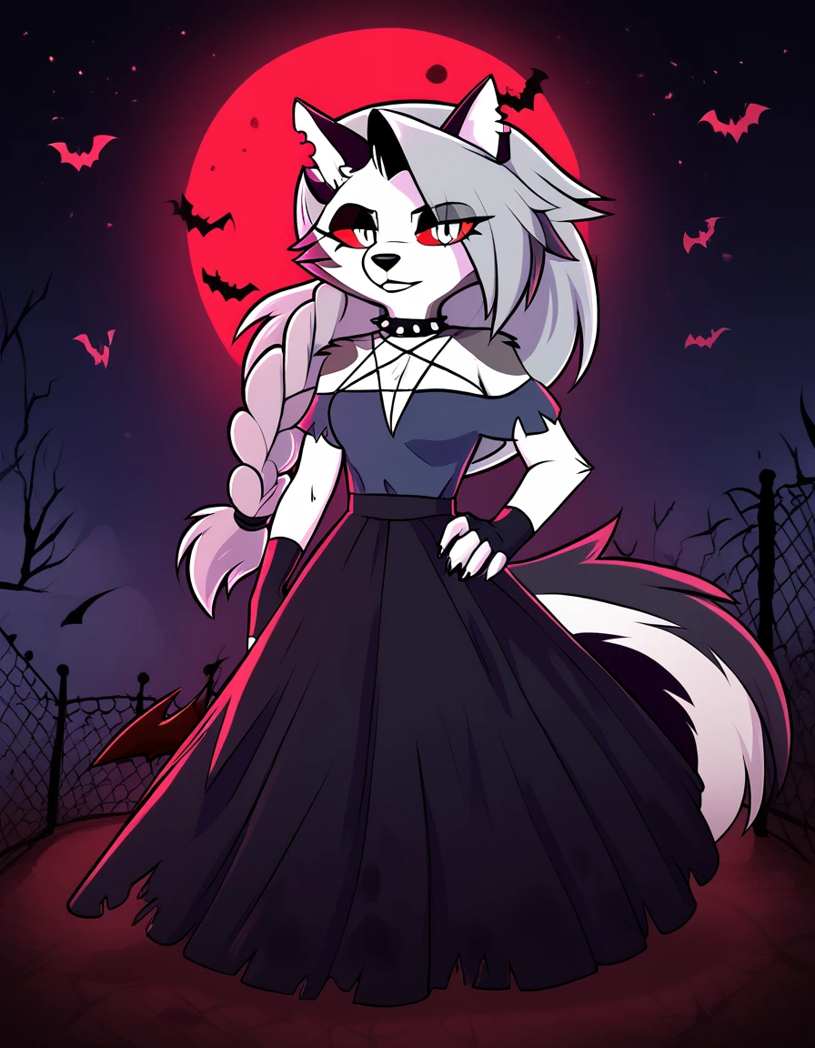 safe content, by vivzmind, mammal, canid, canid demon, demon, canine, monster, anthro, female, fur, solo, hair, white body, white fur, helluva boss, holidays, hellhound, loona, red sclera, dress, white eyes, braided hair, halloween, blood, official art, blood from eye