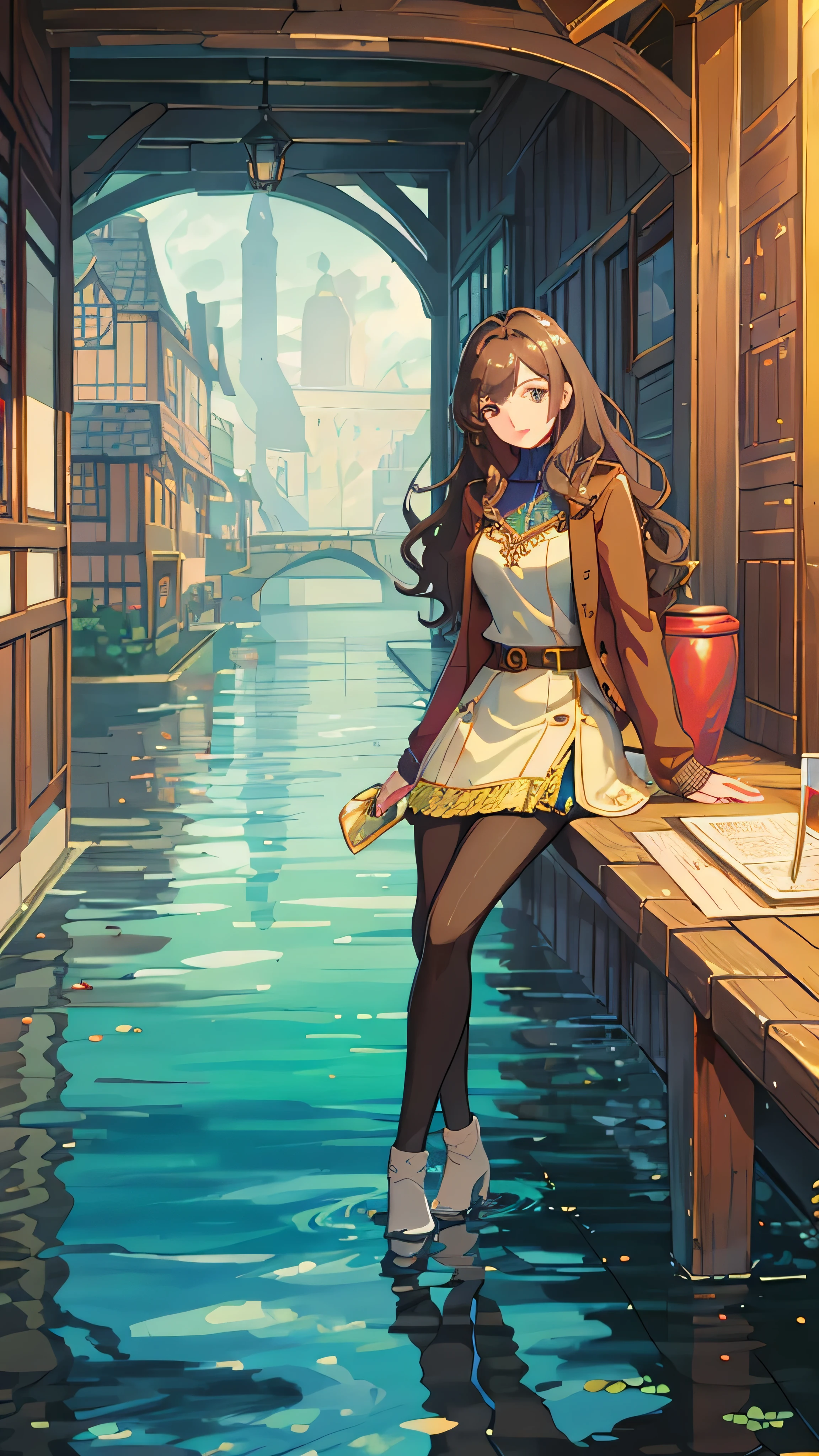 Beautiful young woman,With lovely voice and long, wavy brown hair, frame and shapely figure, Knitted sweater and jacket, Sitting on a wooden bench by the lake, Landscape painting in the background, Surrounded by tall, cold trees, Winter scene, Soft, romantic lighting, Clean lines, Intricate details, The ultra-detailed, Realistic, 8K, HDR, UHD, Studio lighting, Physically-based rendering, Vivid colors, Bokeh, Emphasized facial expressions, Sharp focus, Extreme detail description, Professional.
