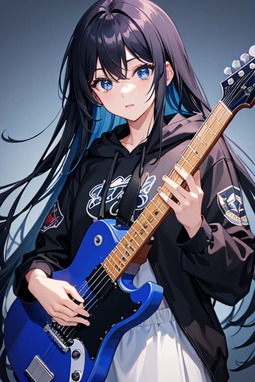 background through, long hair、straight hair、black hair girl, blue eyes、Super high quality, 8K、Upper body、Blue background、Lead guitar、black hoodie、Blue Guitar,Blue Electric Guitar