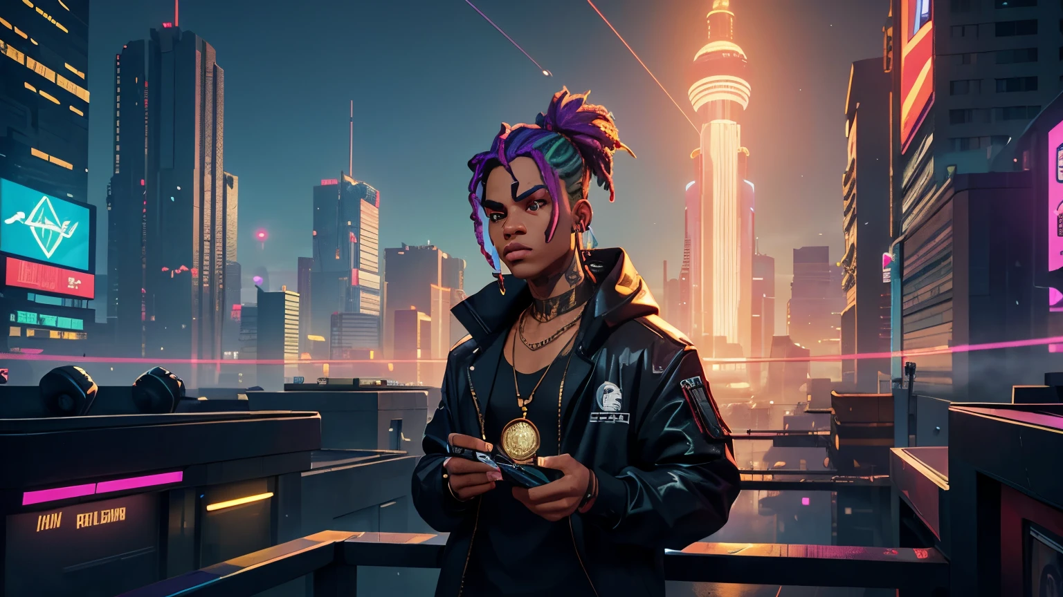 A stunning 4K 3D cinematic rendering of the rapper holding money and wearing a gold necklace in a futuristic cyberpunk setting. He's on the roof, his body adorned with neon lights and cybernetic enhancements. The background is a dystopian cityscape with towering skyscrapers, holographic advertisements and hovering cars. He holds a glowing microphone, with the iconic rainbow hairstyle in full effect. The overall atmosphere is electric and intense, reflecting the raw energy of 6ix9ine's music. 3D rendering, cinematic
