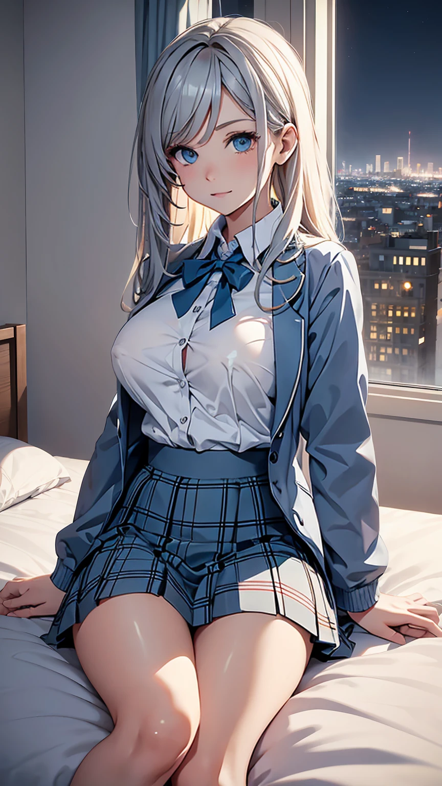 ((best quality)), ((masterpiece)), (detailed), perfect face, perfect body, 1girl, gray medium hair, cyan eyes, ((school girl uniform)), white and cyan plaid skirt, white shirts, Blue and white plaid jacket, show up her boobies and Nipples, show up her pussy and ana, Seeing the girl front body, the girl lying on the bed of bedroom hotel, windows from hotel bedroom showing the city night in background
