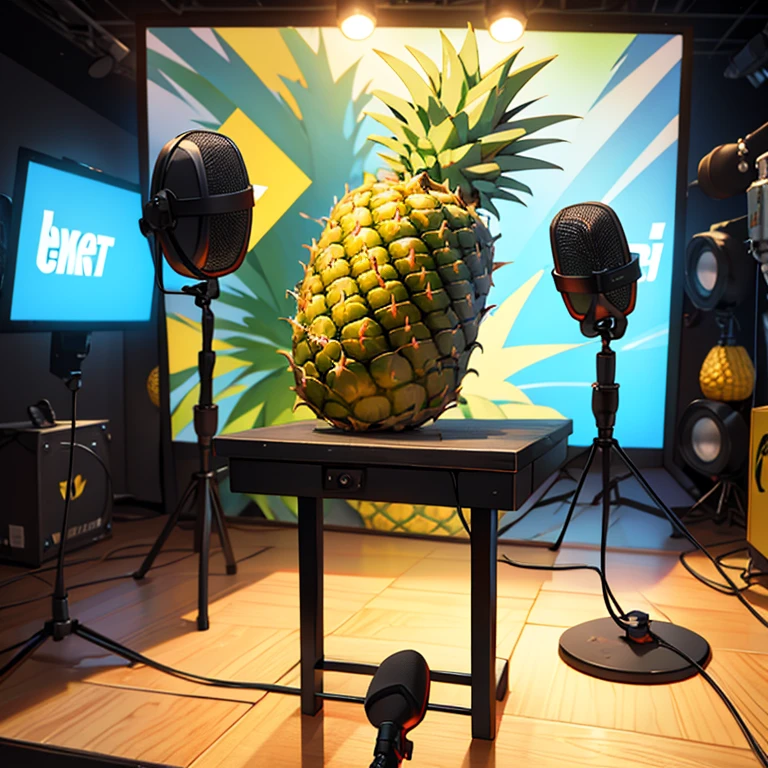 Podcast background and microphone decorated with small pineapple figurines
