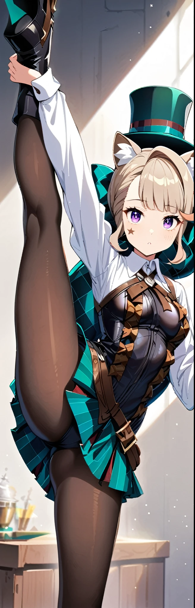 (masterpiece, best quality:1.2), 1girl, solo,standing_split,
1girl in,Lynette, Lynette, animal ear fluff, Animal ears, Cat ears, facial mark, Hair Bow, (Purple eyes:1.1, Brown hair, Star, Star on cheek, BREAK bow, green bow, hat, Leotard, Long sleeves, miniSkirt, pantyhose, Skirt, top hat, BREAK looking at viewer, BREAK indoors, BREAK (masutepiece:1.2), Best Quality, High resolution, Unity 8k, (Illustration:0.8), (Beautiful detailed eyes:1.6), extra detailed face, Perfect Lighting, extremely details CG, (Perfect hands, Perfect Anatomy),