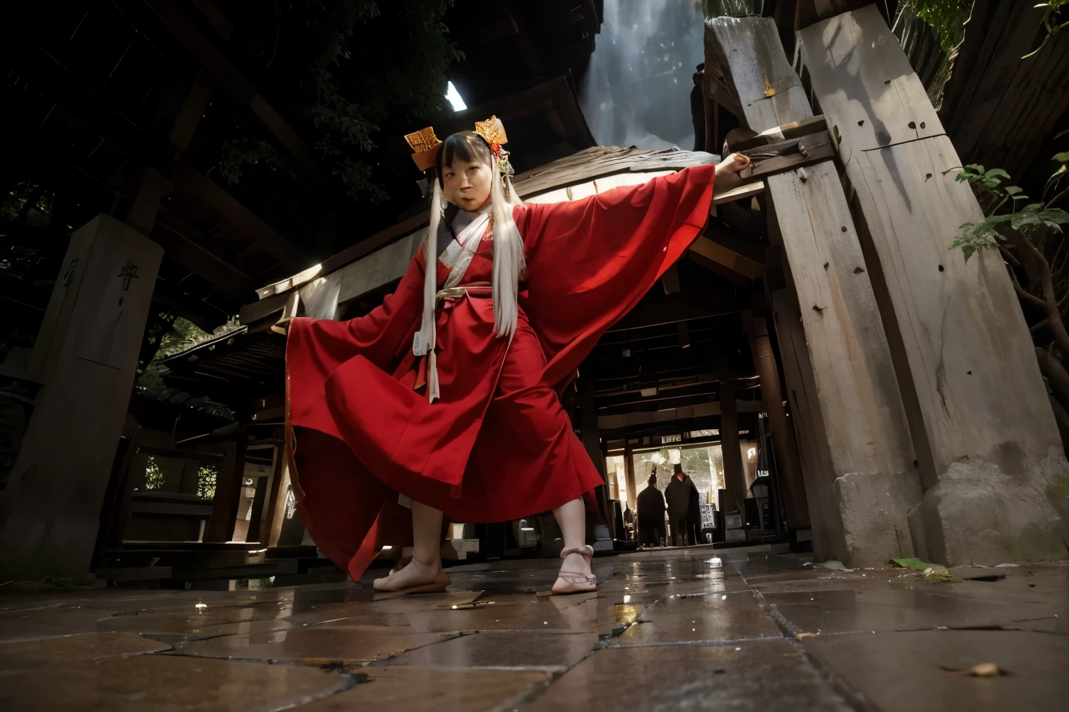 (Best quality, 8k, 32k, Masterpiece, UHD:1.2) "Imagine the serene and spiritually rich setting of the Higurashi Shrine from the world of InuYasha. Describe a traditional Shinto shrine situated in the heart of modern Tokyo, yet exuding an aura of ancient mystery and tranquility. The shrine grounds are meticulously maintained, with stone pathways leading to various shrine buildings, including the main hall, smaller auxiliary shrines, and the family’s living quarters.
At the center of the shrine complex stands the Sacred Tree, or Goshinboku, a towering and majestic tree with an ancient, gnarled trunk and wide-spreading branches. The tree is a living relic, its bark bearing the scars of time, including the mark where InuYasha was once pinned by Kikyo’s sacred arrow. Its leaves rustle gently in the breeze, creating a soothing, whispering sound that adds to the shrine's tranquil atmosphere.
Describe the contrast between the bustling city life outside the shrine and the peaceful, almost timeless quality within its grounds. The shrine is a sanctuary where visitors come to pray, make offerings, and seek blessings. Kagome Higurashi, the shrine maiden, tends to the shrine with her family, performing traditional rituals and maintaining the sacred spaces.
Highlight the significance of the Bone-Eater's Well, a key feature within the shrine grounds. This ancient well, covered by a simple wooden structure, serves as a mysterious portal between the modern era and the feudal past. The area around the well is often bathed in a soft, ethereal light, hinting at its magical properties.
Describe the daily life at the Higurashi Shrine, focusing on Kagome's interactions with her family and the visitors who come to seek solace and guidance. Emphasize the spiritual significance of the Sacred Tree (Goshinboku) as a symbol of enduring strength and connection between the past and present, and its role in Kagome's journey between the two worlds."