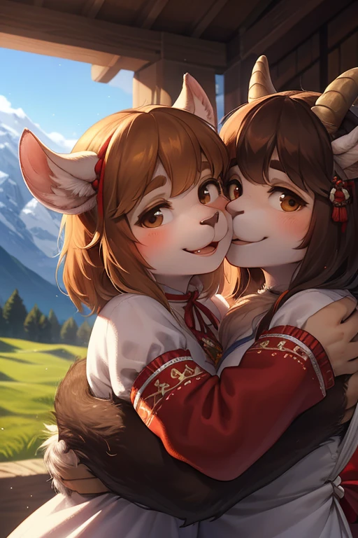 rear Bokeh , (closeup face) , 2 hairy goat girls , realistic hairy fur , round face , Swollen cheeks , smile , Hair ties , (Swiss traditional costume) , in the Mountains in Alm , front view , back shot , side view , Dutch angle , (Hug)  , (mouth to nose)