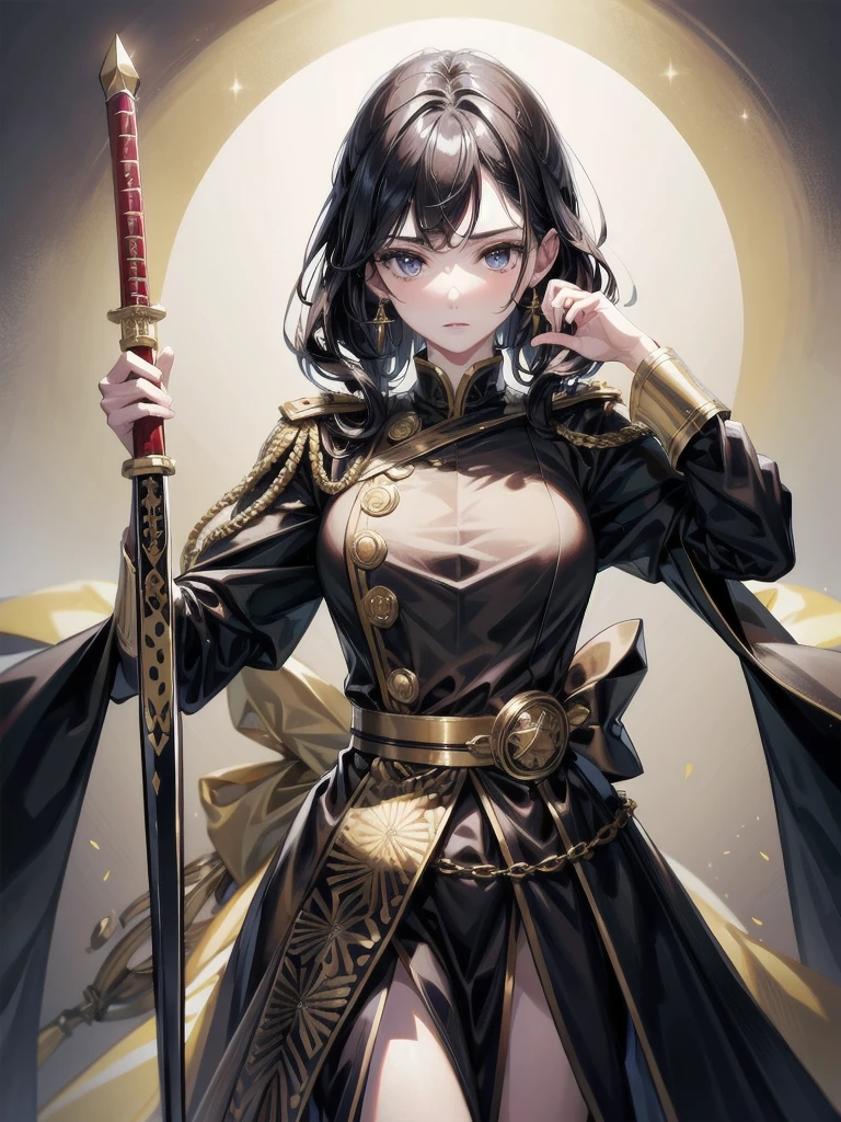 Military Dress, golden accessories, Grand Katana Sword, absurdres, RAW photo, extremely delicate and beautiful, masterpiece, Best Quality, ultra high resolution, 32k, hyperrealistic, ultra-detailed, detailed description, pale skin, 20 years old, tearful mole, earring, big tits, short medium hair, wavy hair, whole body shot,