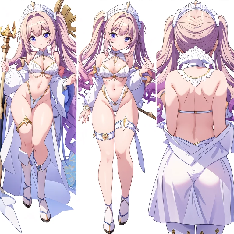 masterpiece, best quality, solo, ((white background)), multiple views, thong, staff,
