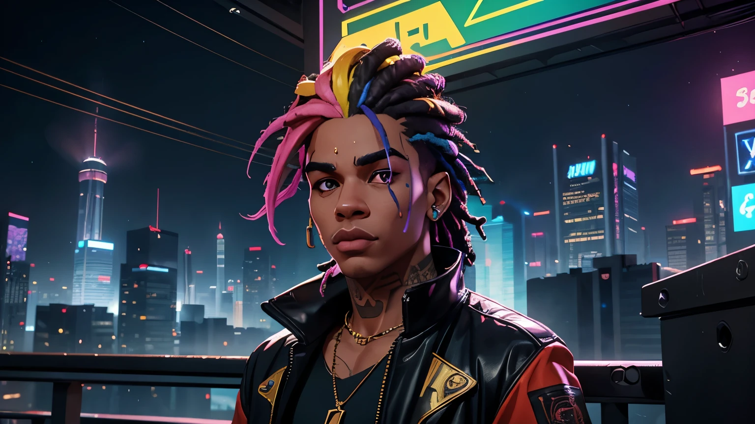 A stunning 4K 3D cinematic rendering of the rapper holding money and wearing a gold necklace in a futuristic cyberpunk setting. He's on the roof, his body adorned with neon lights and cybernetic enhancements. The background is a dystopian cityscape with towering skyscrapers, holographic advertisements and hovering cars. He holds a glowing microphone, with the iconic rainbow hairstyle in full effect. The overall atmosphere is electric and intense, reflecting the raw energy of 6ix9ine's music. 3D rendering, cinematic