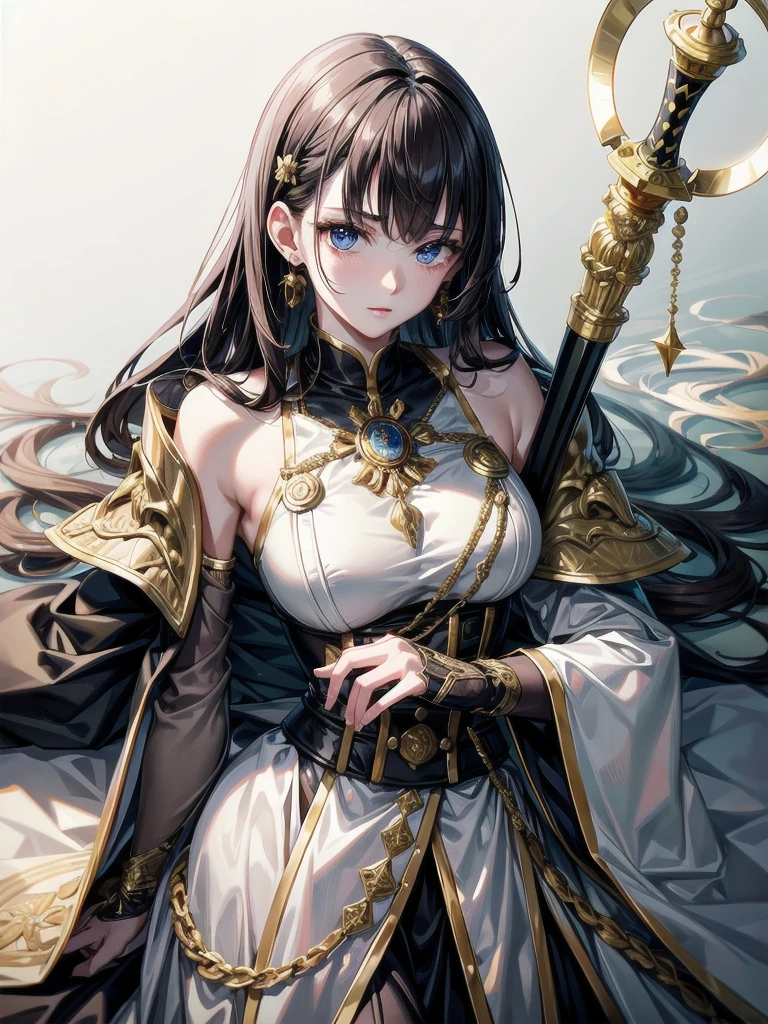 Military Dress, golden accessories, Grand Katana Sword, absurdres, RAW photo, extremely delicate and beautiful, masterpiece, Best Quality, ultra high resolution, 32k, hyperrealistic, ultra-detailed, detailed description, pale skin, 20 years old, tearful mole, earring, big tits, short medium hair, wavy hair, whole body shot,