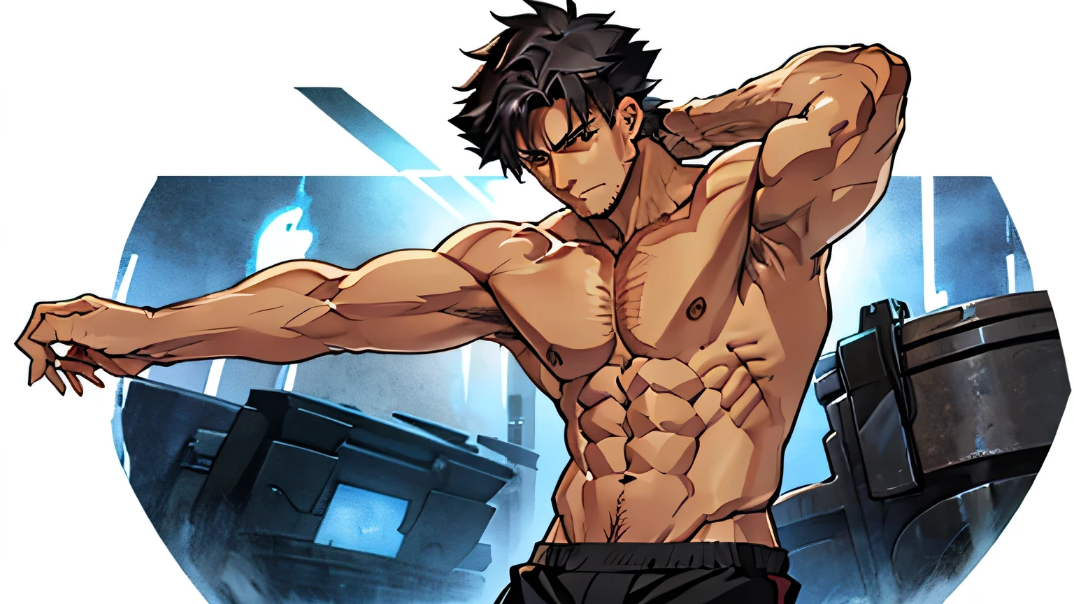Kiritsugu Emiya is flexing his biceps. He is shirtless and only wears black boxershorts. His arms have many huge veins.