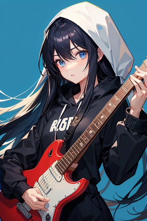 background through, long hair、straight hair、black hair girl, blue eyes、Super high quality, 8K、Upper body、Blue background、Band vocals、black hoodie、Blue Electric Guitar、No headgear