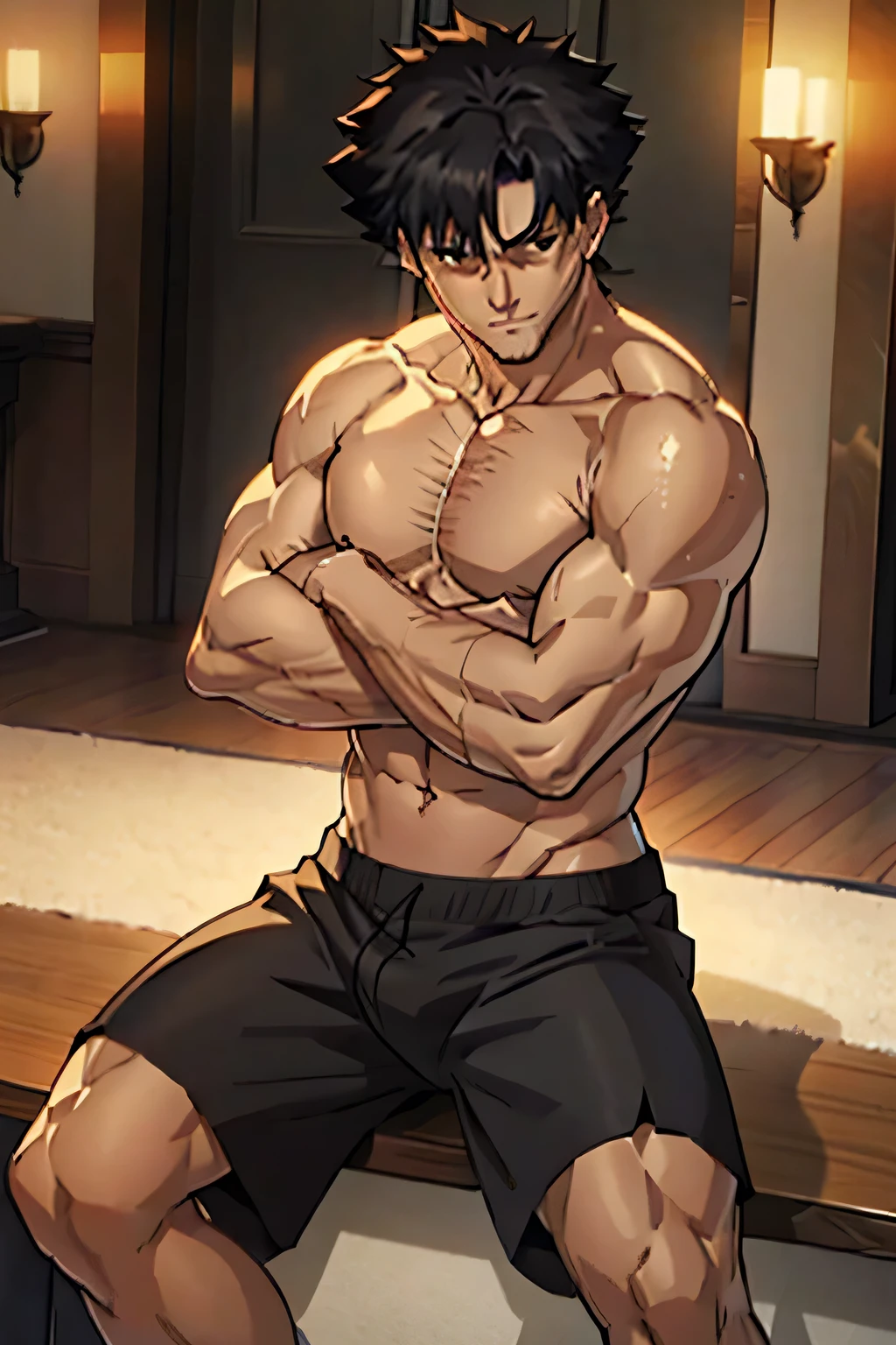 Kiritsugu Emiya is sitting and flexing his biceps. He is shirtless and only wears black boxershorts. His arms have many huge veins.