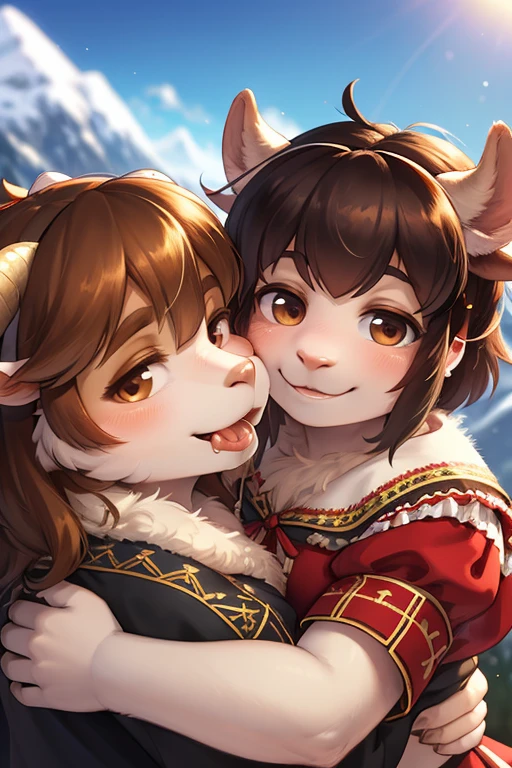 rear Bokeh , (closeup face) , 2 hairy goat girls , realistic hairy fur , round face , Swollen cheeks , smile , Hair ties , (Swiss traditional costume) , in the Mountains in Alm , front view , back shot , side view , Dutch angle , (Hug)  , (mouth to nose:1.2)