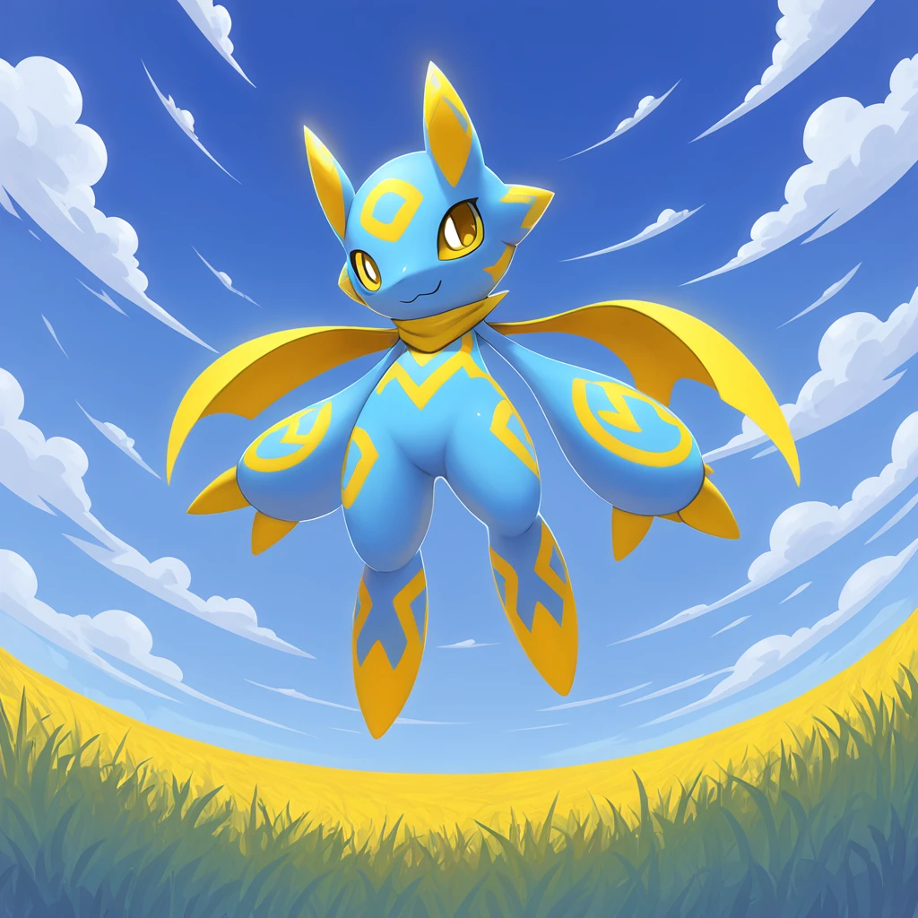 A digimon who's covered in scales small enough to be invisible to the eye and has a sense of justice, colors are primarily Light-blue-indigo with golden-yellow markings, background field under a cloudy sky