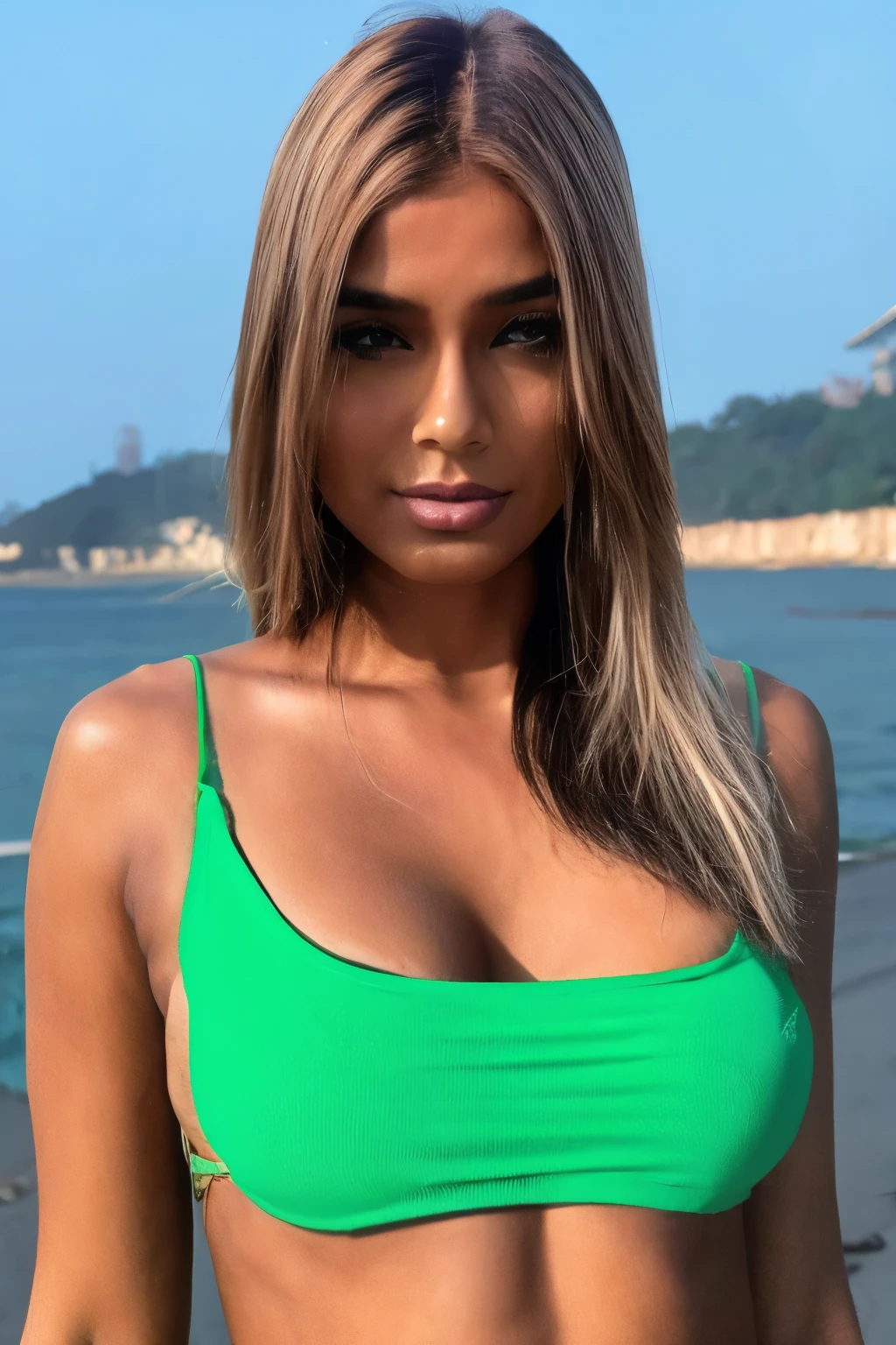 crie uma modelo india , cabelos morenos, olhos verdes claros, corpo atraente e semi nu na beira do rio