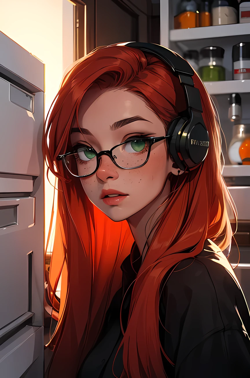 ((best quality)), ((masterpiece)), (detailed), perfect face, young adult, long orange red hair, fridge, black frame glasses, freckles, green eyes, cargo, black dress, headphone, sunset, watching out of window
