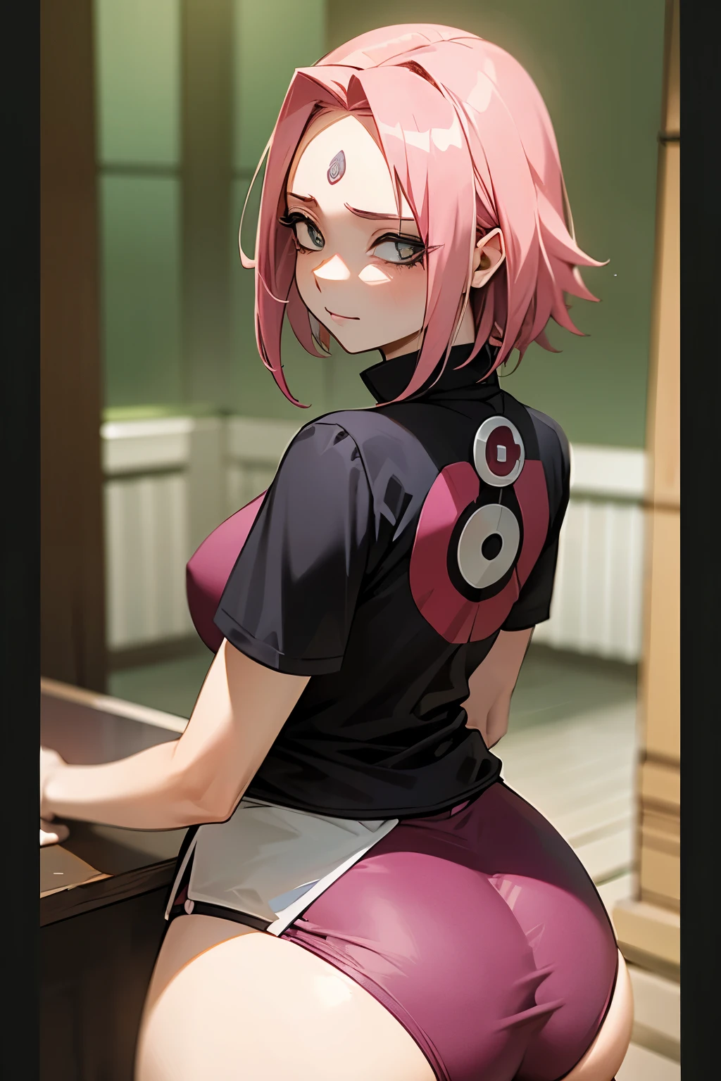 Sakura Haruno, obra de arte, (fotorrealista:1.4), melhor qualidade, beautiful lighting, SakuraNS, Sozinho, olhando_no_visualizador, sem mangas, luvas, preto_luvas, (cabelo rosa), seios bonitos, coxas grossas, bunda sexy, konohagakure_symbol, inclinando-se_advance, foto crua, 8k hd, film grain