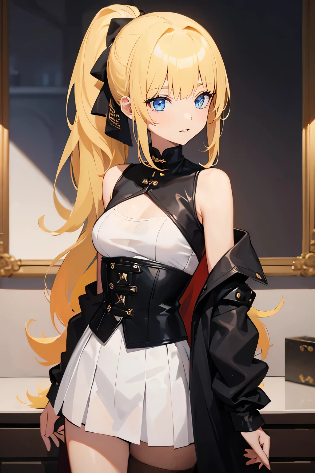 masterpiece,best quality, solo, 1 girl, female figure, yellow hair, hime cut, blunt bangs, extra long hair, crystal blue eyes, sharp detailed eyes, white pantyhose, long sleeves, boy shorts, indoors, golden blonde hair, shy smile, black ouji clothes, cowboy shot, voluminous hair, wavy hair, cute girl, (medium small breasts), (young female body: 1.4), ouji fashion, long boy shorts, black ouji style clothes, black corset, black shorts, black outfit, high ponytail, black jacket, over shoulder coat, long coat, voluminous ponytail
