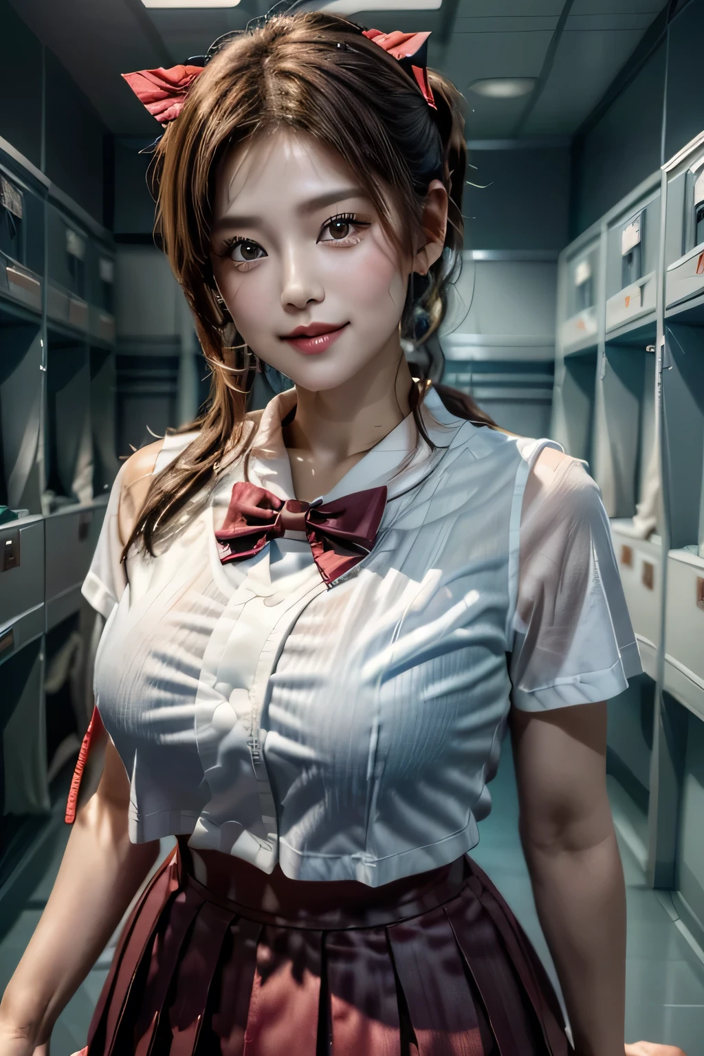 (((locker room))),(((Change clothes in the changing room:1.3))),(((clothes on hangers:1.3))),(((Sailor suit))),(((Pleated skirt revealing skin))),(Dark red bow tie:1.3),Cute face,Extreme close up of face,Shiny light brown and orange striped short hair,Messy ponytail,Cute Smile,Perfect round face,iris,(hairpin、ponytail、Floating Hair、),Large Breasts.Professional Lighting,Cinematic Light,(Tabletop,highest quality,Ultra-high resolution output images,) ,(8K quality,),(Ocean Art 2.0 Mode:1.3),(Picture Mode Ultra HD,)