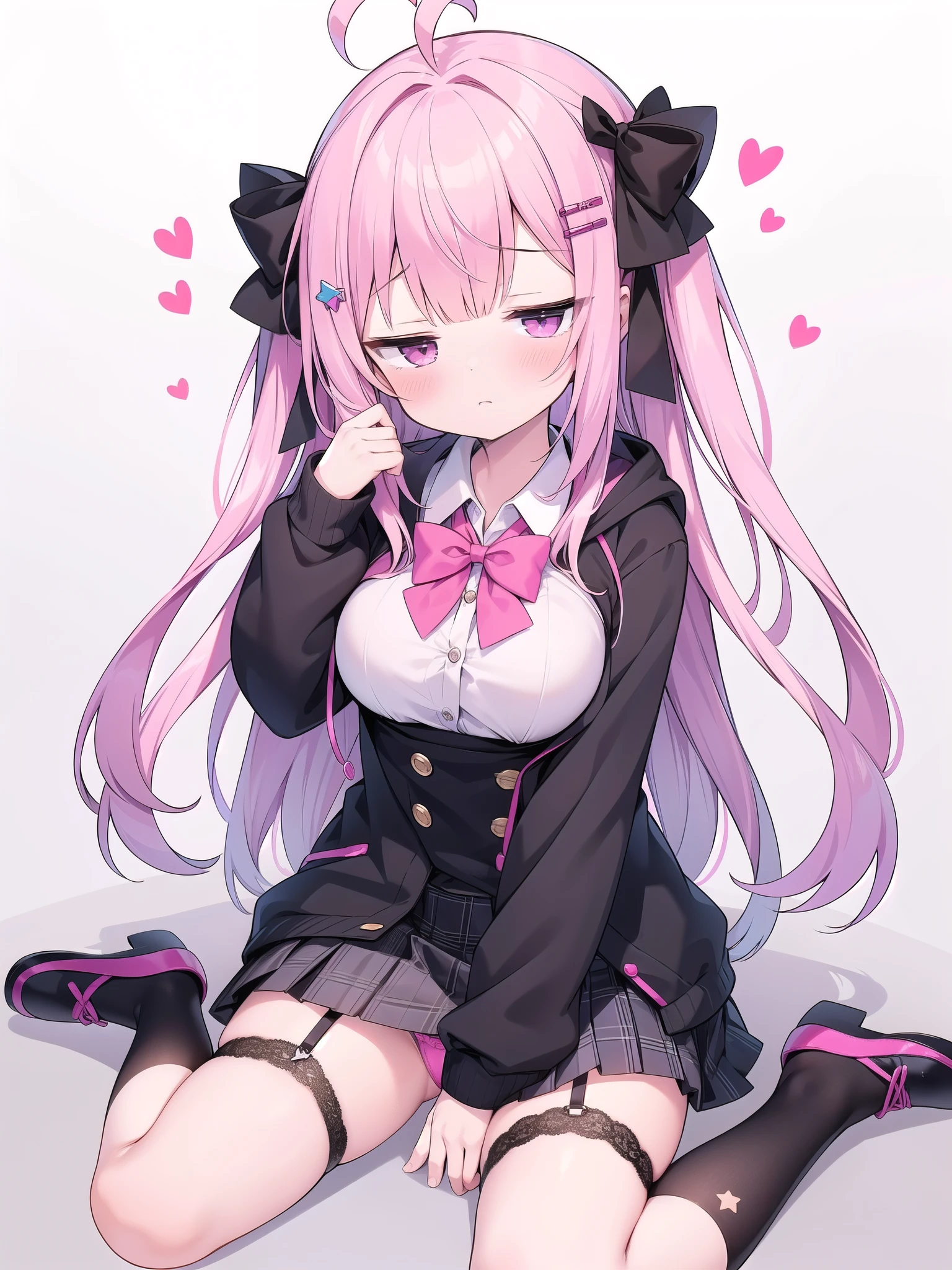 garter belt,Pink Panties,Big breasts with legs spread,High Resolution 1girl Ahoge Bobby_pin bow bowtie braid brOwn_目s collared_shirt dojikko_Temporarily stop_shirt frilled_shirt_Color Free Joint_skirt frills hair_bow hair_ornament hairpin hand_in addition_Own_head, heart, heart_hair_Decorative hood_jacket jacket lin additiong_Pentagon Pink_hair plaid plaid_Ribbon Check_Pleated skirt_skirt shirt shoelaces shoes simple_background sitting skirt solo star_(symbol) twin_Braided Warisa White_Background bus stop_Knee socks, whole body