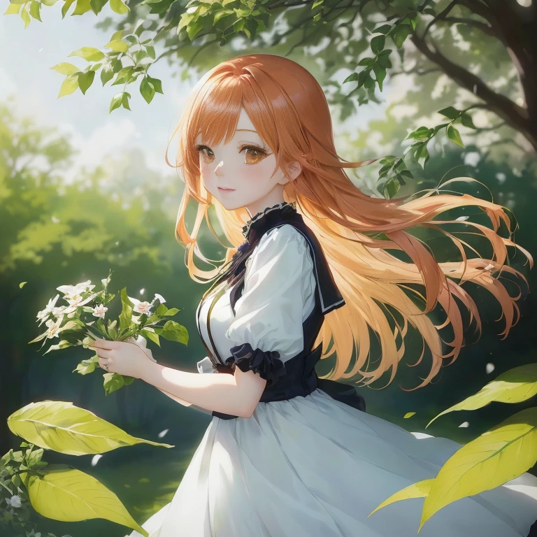 anime girl with long red hair holding a flower in a park, a maid in a magical forest, beautiful anime portrait, anime visual of a cute girl, beautiful anime girl, smooth anime cg art, portrait anime girl, cute anime waifu in a nice dress, portrait of an anime girl, painted in anime painter studio, cute anime girl portrait, pretty anime girl, rin