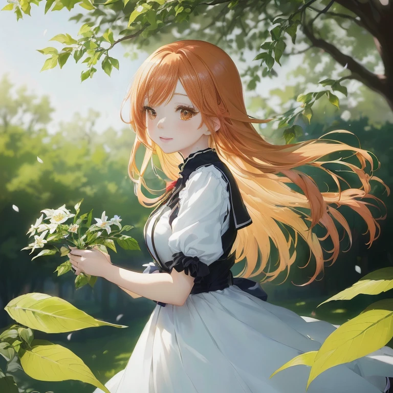 anime girl with long red hair holding a flower in a park, a maid in a magical forest, beautiful anime portrait, anime visual of a cute girl, beautiful anime girl, smooth anime cg art, portrait anime girl, cute anime waifu in a nice dress, portrait of an anime girl, painted in anime painter studio, cute anime girl portrait, pretty anime girl, rin