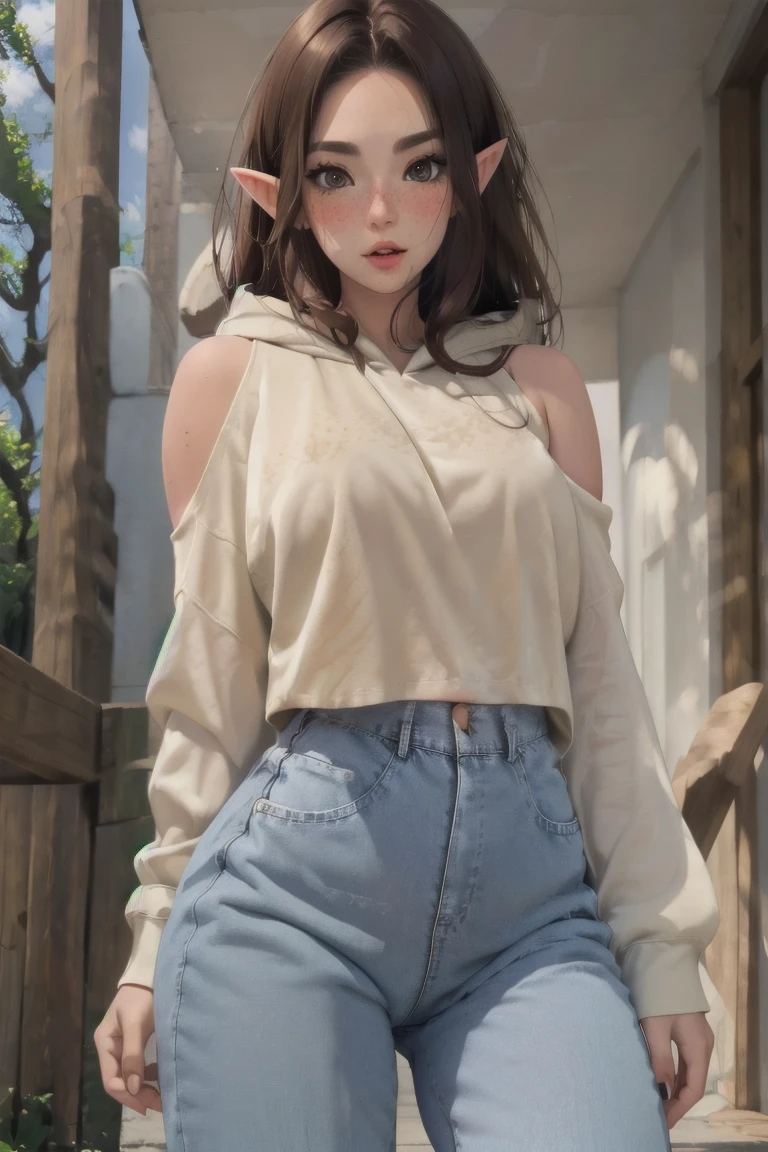 (elf girl), master piece, blushing, freckles, wide hips, slim waist, thick thighs, masterpiece, best quality, sfw, mature 26 year old woman, brown hair, moist face, bare shoulders,,  wavy hair, mouth open, shiny. lips, beutiful round eyes, oversized hoodie, tight jeans