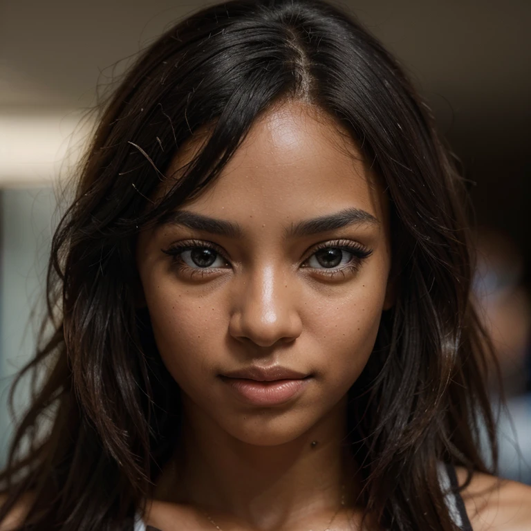 Beautiful black young girl, (realistic, photo-realistic:1.37),(8k, RAW photo, best quality, masterpiece:1.2), cute, ultra-detailed,heart-shaped pupils,physically-based rendering, ultra high res, kodakvision color, shot on Arricam LT Camera, bokeh, sharp focus,
looking at viewer,photorealistic,realistic, solo, photorealistic, best quality,extremely detailed face,extremely detailed eyes and face, beautiful detailed eyes,Messy hair, floating hair, , 